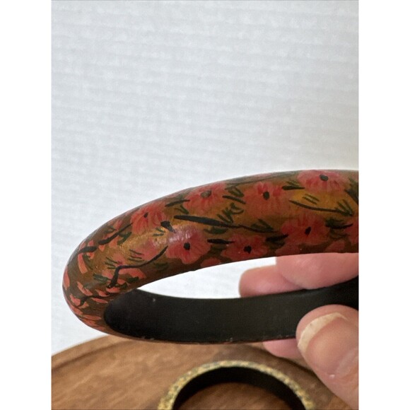 Vintage Set 2 Tree Of Life And 2 Birds Flowers Painted Wood Bangle Bracelets - Picture 11 of 16